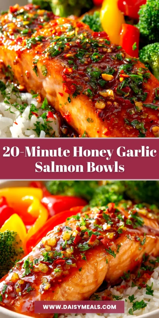 A vibrant Honey Garlic Salmon Bowl with flaky salmon, broccoli, and rice. The perfect quick and healthy 20-minute dinner idea to save on Pinterest.