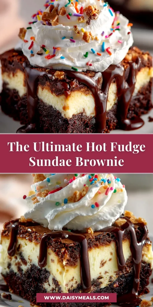 An irresistible Hot Fudge Sundae Brownie in a white bowl, featuring a fudgy brownie topped with vanilla ice cream, decadent hot fudge sauce, whipped cream, and a cherry.