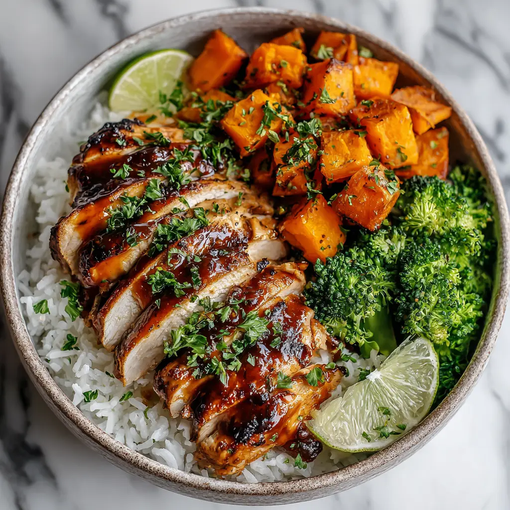 An overhead view of a colorful Hot Honey Chicken Bowl. The bowl contains perfectly cooked chicken, fresh broccoli, and shredded carrots on a bed of white rice.
