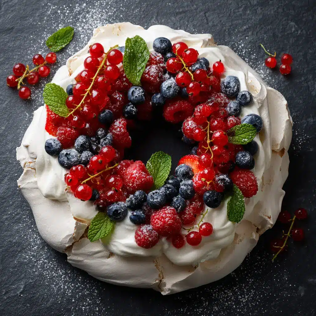 Assembling the Christmas Pavlova by topping the meringue base with freshly whipped cream and berries.
