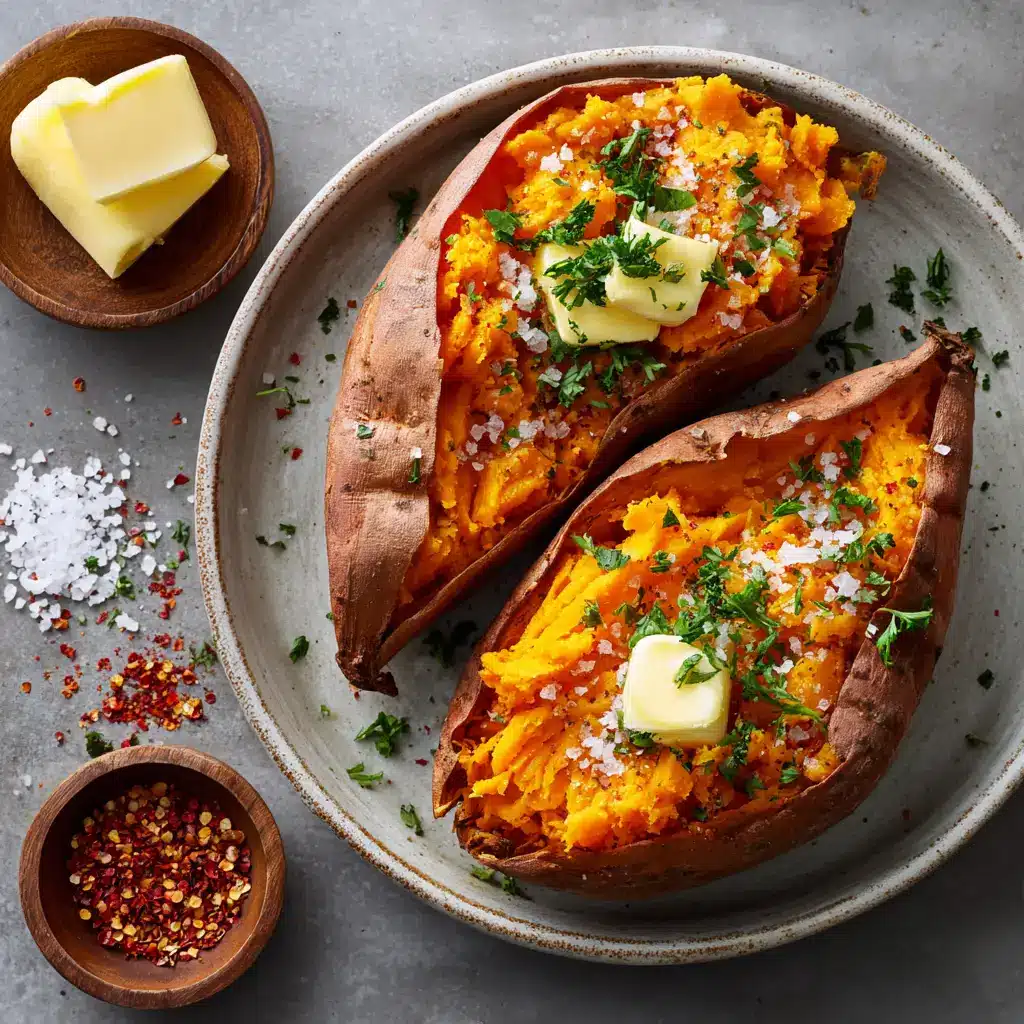 An overhead flat lay of whole baked sweet potatoes on a rustic baking sheet, showcasing their tender, slightly wrinkled skin after being roasted in the oven.