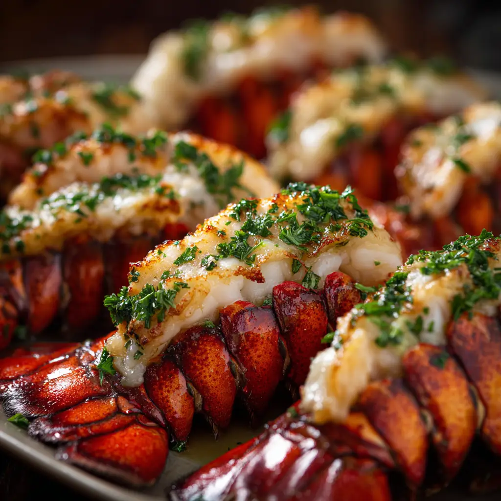 A final baked lobster tail served on a plate with a lemon wedge, showing the juicy and tender meat.