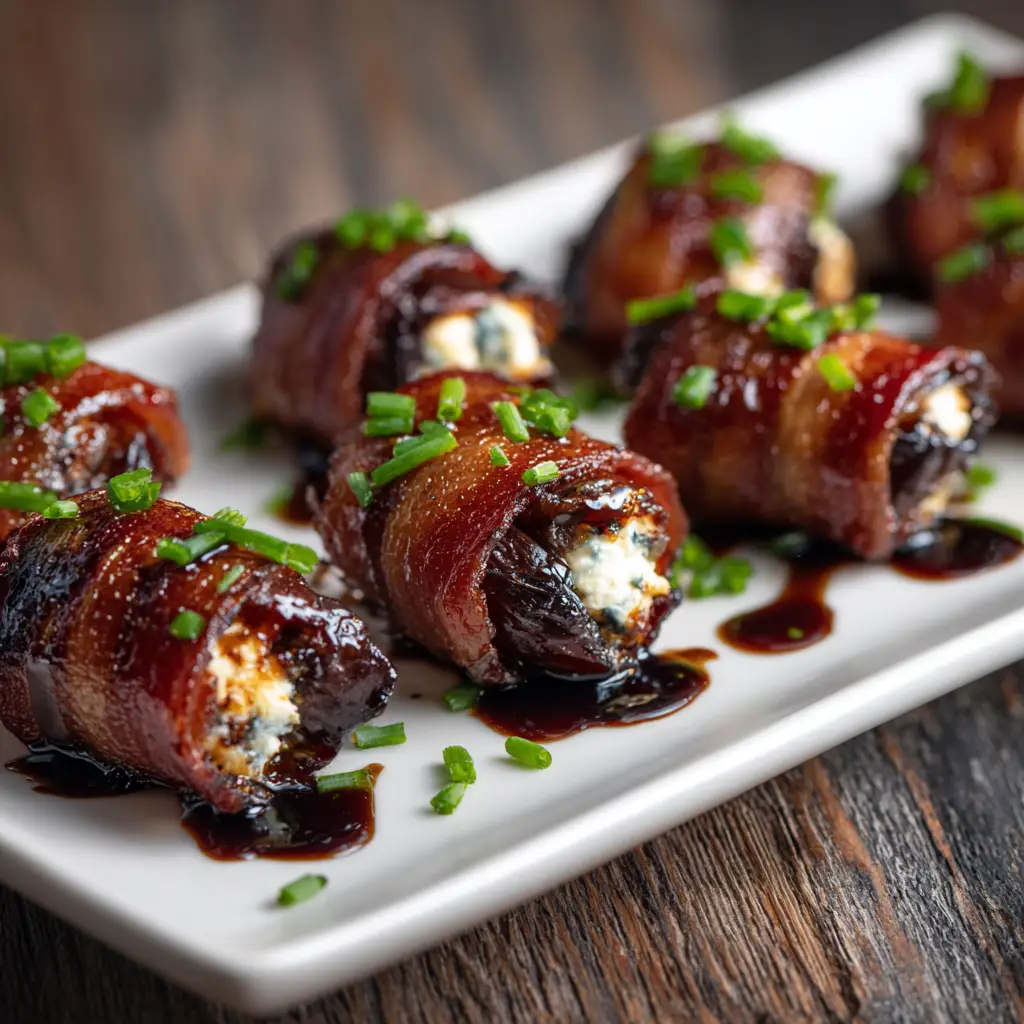 Bacon Wrapped Dates: The Perfect Sweet and Salty Appetizer 1 A row of bacon wrapped dates lined up on a baking sheet before being cooked, showcasing the preparation process.
