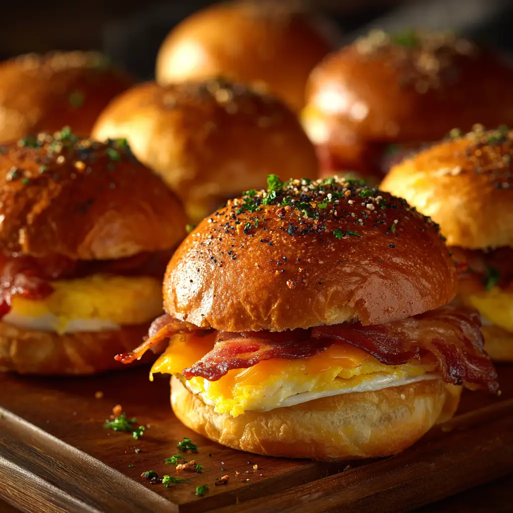 The process of assembling the make-ahead breakfast sliders in a baking dish before they go into the oven.