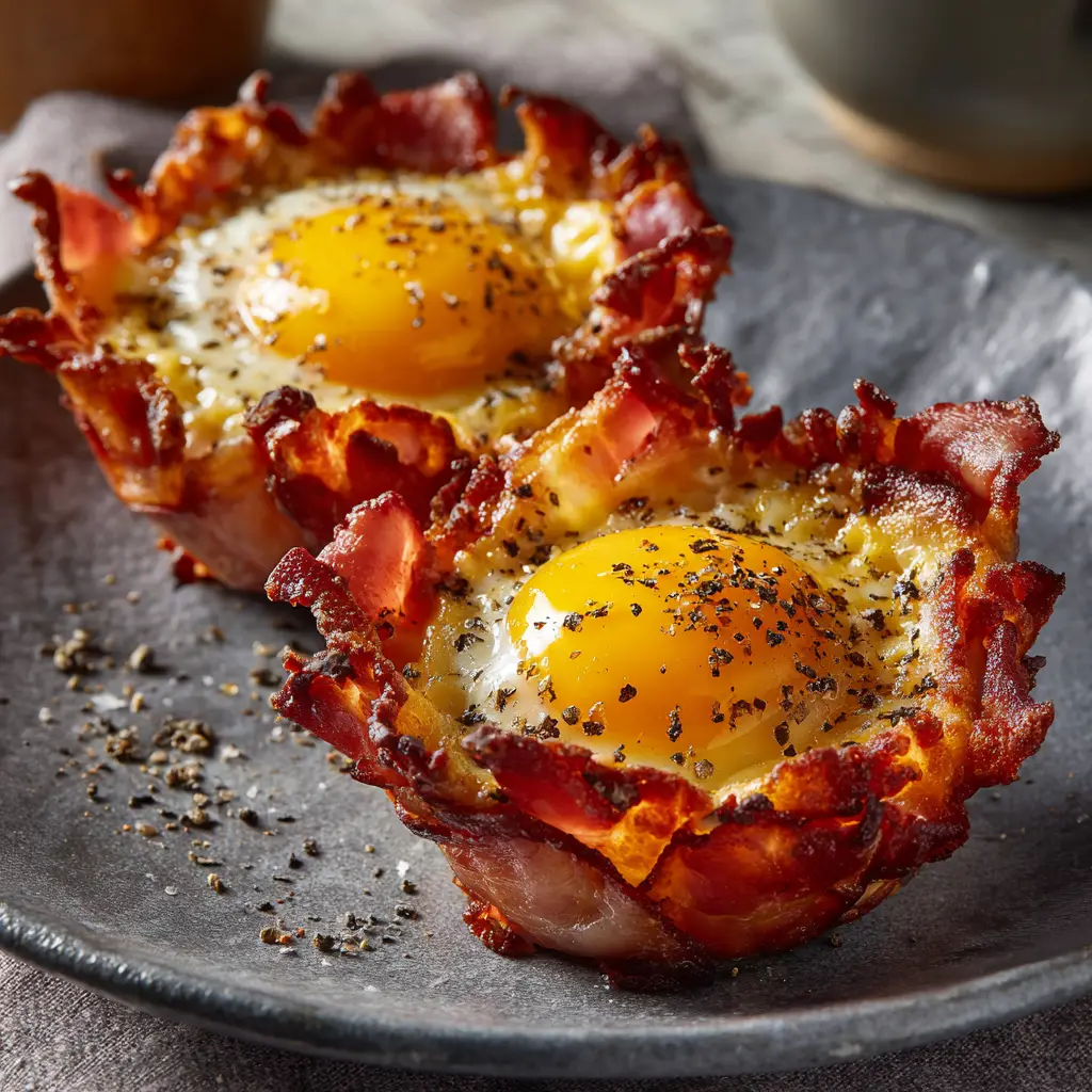 A batch of ham and egg breakfast cups being prepared in a muffin tin before baking, showing the ham liners and cracked eggs.
