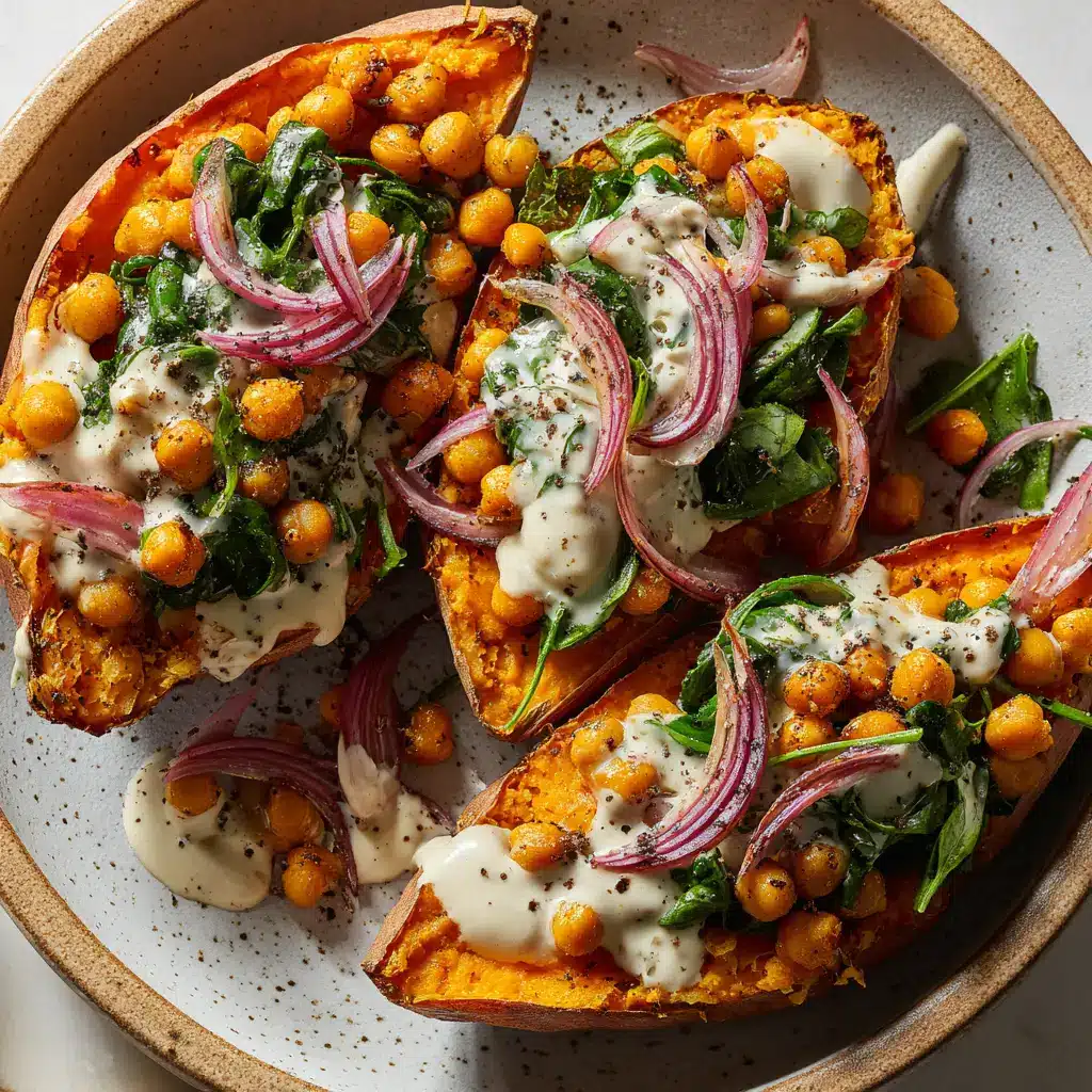 A step-by-step image showing the process of spooning the cooked bean mixture into the fluffy, baked sweet potatoes before they are garnished.