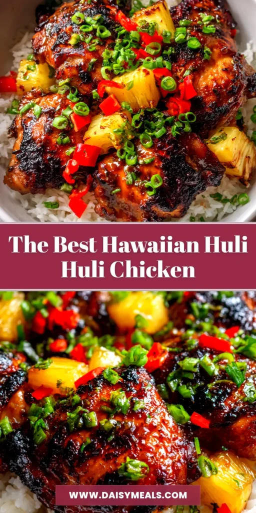 Huli Huli Chicken (The Authentic Hawaiian Grilled Recipe) 4 A close-up shot of perfectly grilled Huli Huli chicken, glistening with a caramelized pineapple glaze and garnished with fresh green onions.