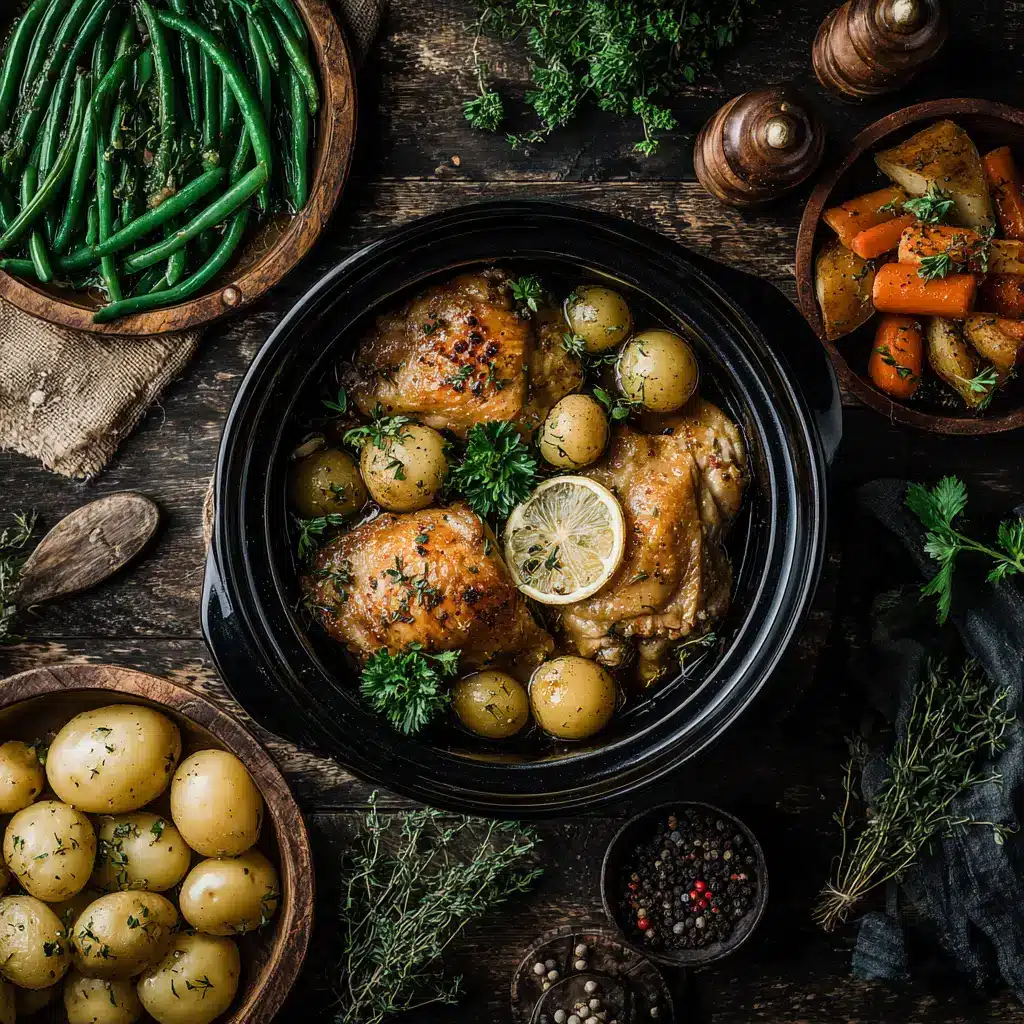 A close-up shot of the ingredients for the healthy crockpot dinner, including chicken, carrots, celery, and potatoes before cooking.
