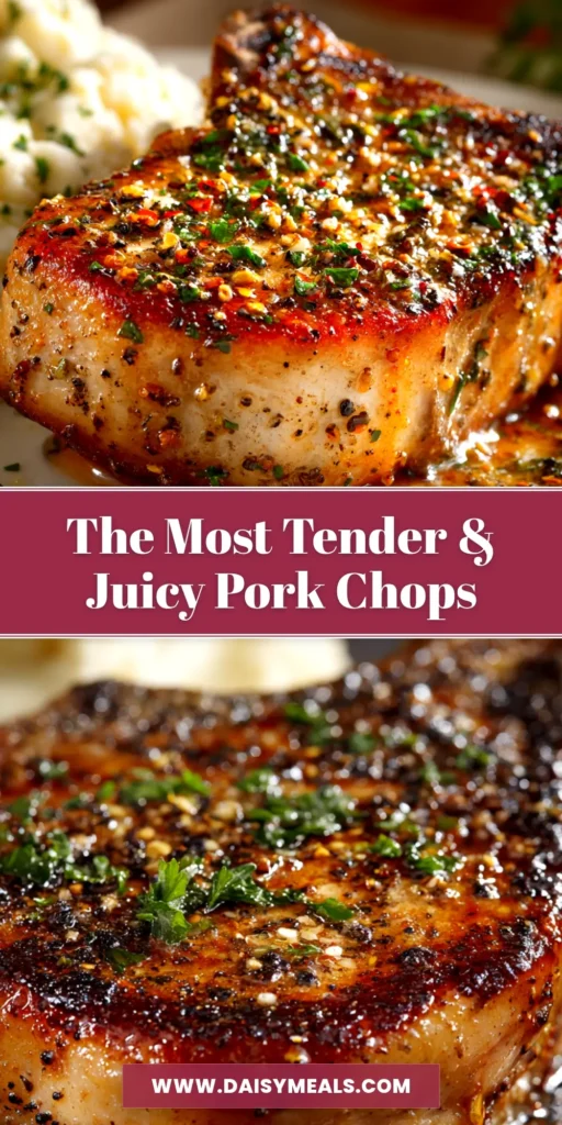A close-up of perfectly juicy baked pork chops on a plate, sliced to show the moist interior. The ultimate recipe for tender oven-baked pork chops.