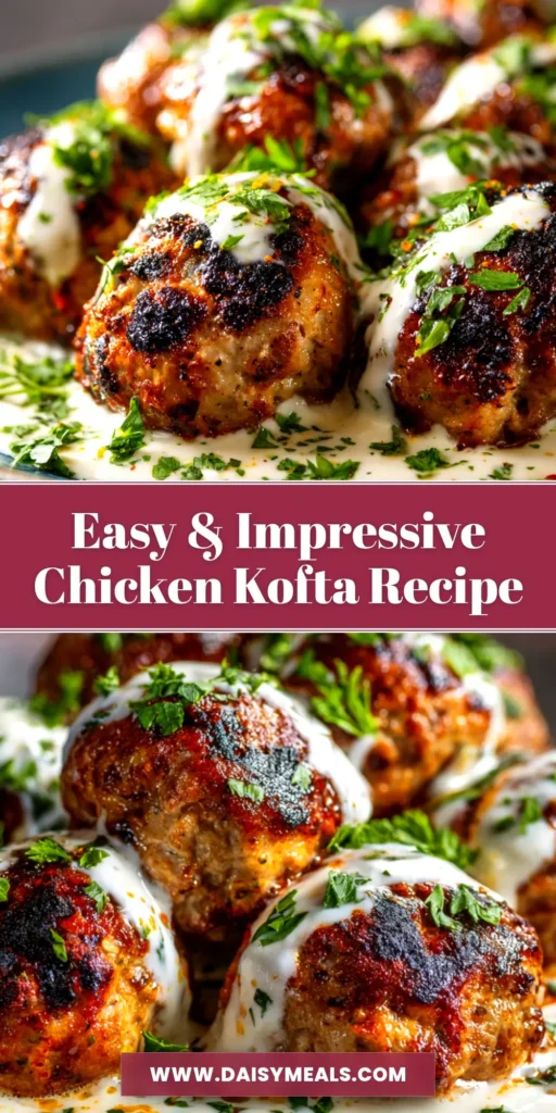An amazing Chicken Kofta Recipe featuring juicy, spiced ground chicken kebabs served on a platter with fresh parsley and a side of creamy yogurt dipping sauce.