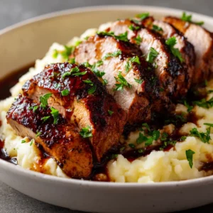 A close-up of thick, juicy slices of crock pot pork tenderloin, highlighting the moist texture and savory crust from the easy recipe.