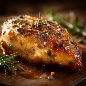 An extreme close-up shot of a juicy oven-baked chicken breast, sliced to reveal a moist and tender texture inside.
