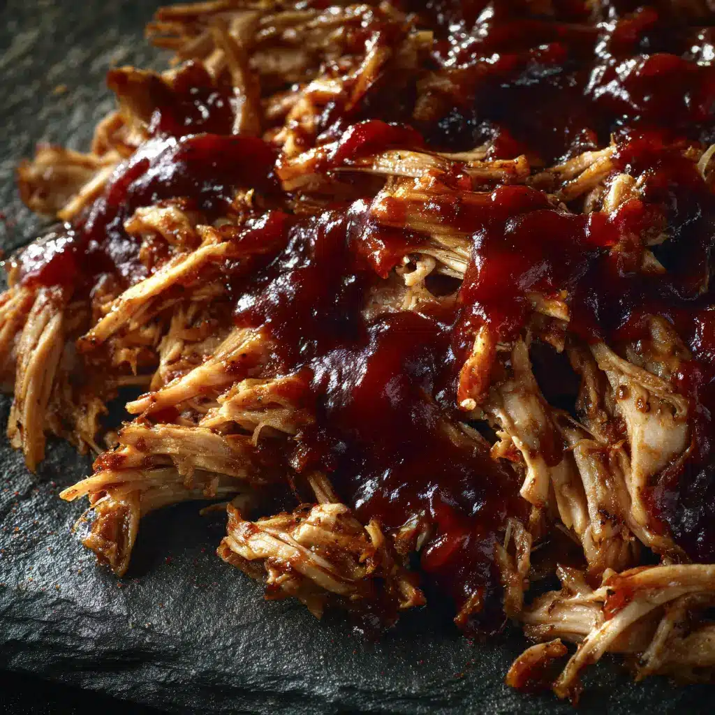 An extreme close-up of juicy shredded BBQ chicken, showcasing the tender texture and rich sauce of the slow cooker pulled chicken.
