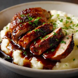 Extreme close-up of sliced crock pot pork tenderloin, showing the juicy and tender texture of the meat.