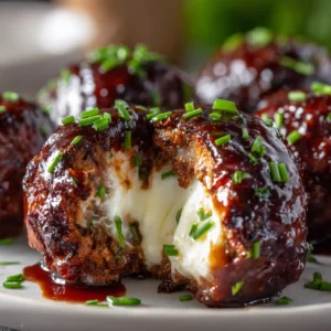An extreme close-up of a juicy smoked cheese stuffed meatball, highlighting its tender texture and smoky exterior.