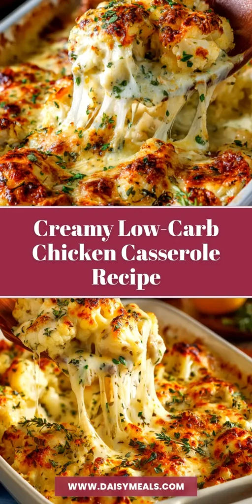A top-down view of a golden, bubbly Keto Chicken Casserole in a white baking dish, ready to be served.