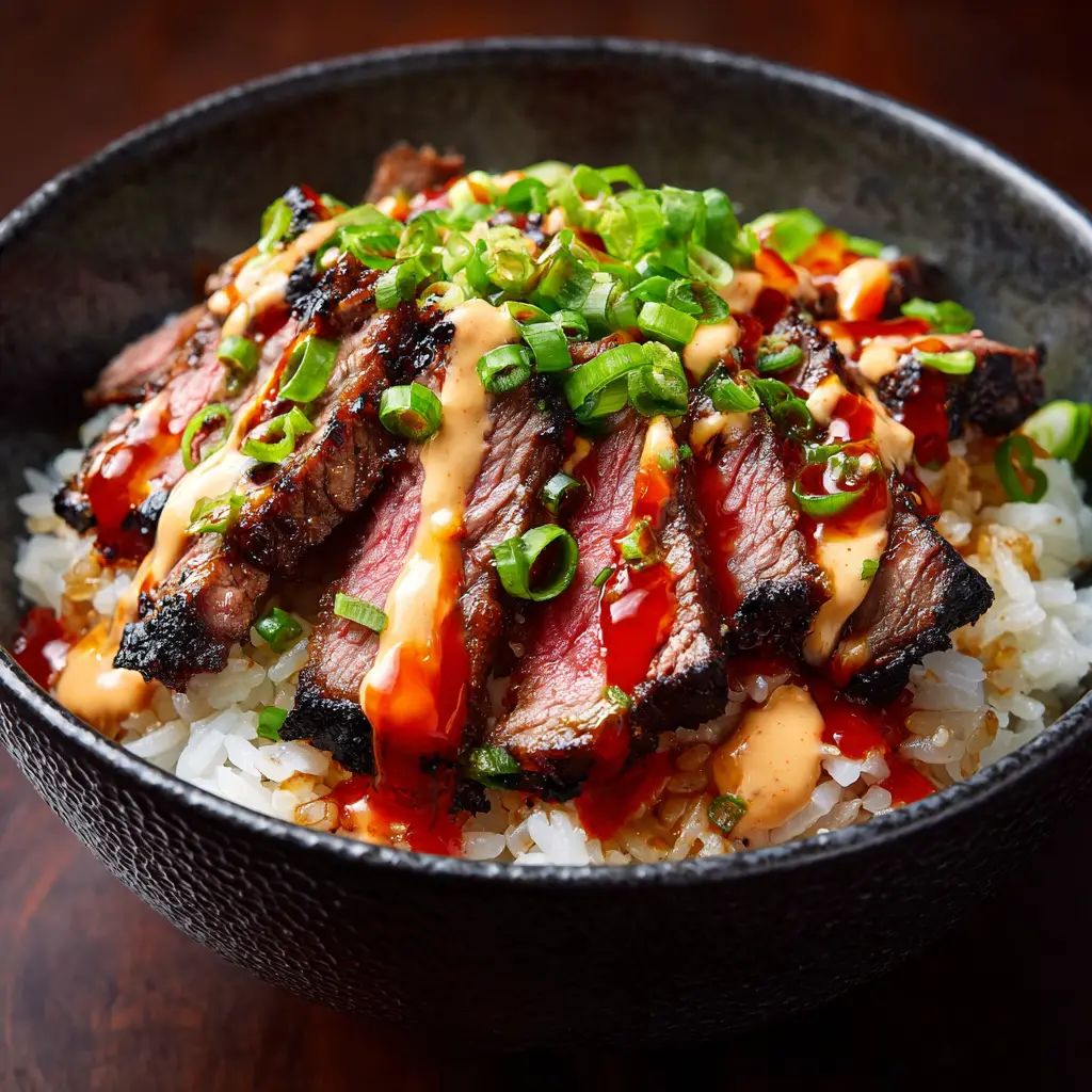 A close-up view of a perfectly cooked Korean BBQ steak rice bowl, showcasing the tender marinated beef and crisp vegetables in a white bowl.