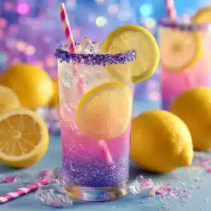 A close-up shot of a glass filled with layered Unicorn Lemonade, highlighting the distinct separation between the blue butterfly pea tea and the pink raspberry syrup.