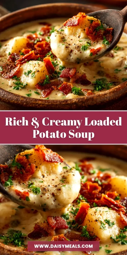 A delicious bowl of creamy Loaded Baked Potato Soup, topped with crispy bacon, shredded cheddar cheese, and fresh chives. The ultimate comfort food recipe for dinner. | DaisyMeals