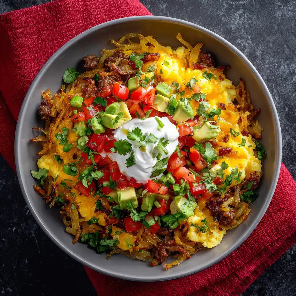 Hash Brown Breakfast Bowls: The Ultimate Crispy & Customizable Recipe 2 A top-down view of a loaded breakfast bowl with a crispy hash brown base, highlighting the layers of egg, meat, and cheese before the final melt.