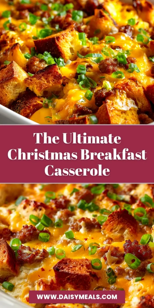 Christmas Breakfast Casserole (The Ultimate Make-Ahead Recipe) 3 An overhead shot of a delicious Christmas breakfast casserole in a white baking dish. The make-ahead sausage and egg casserole is golden brown and ready to be served for a festive holiday brunch.