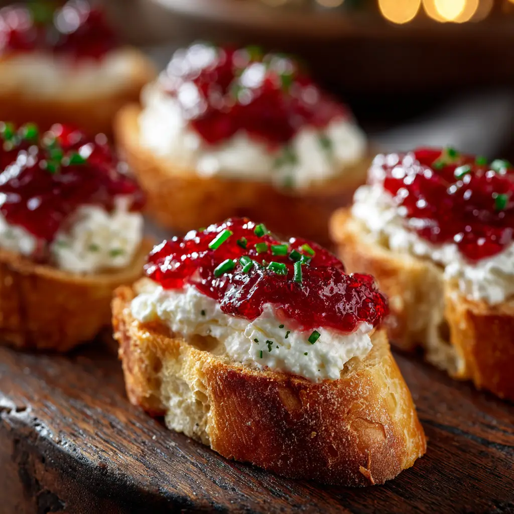 A tray of cranberry pepper jelly appetizers being prepared, with a jar of jelly and a bowl of cream cheese in the background, ready for a party.