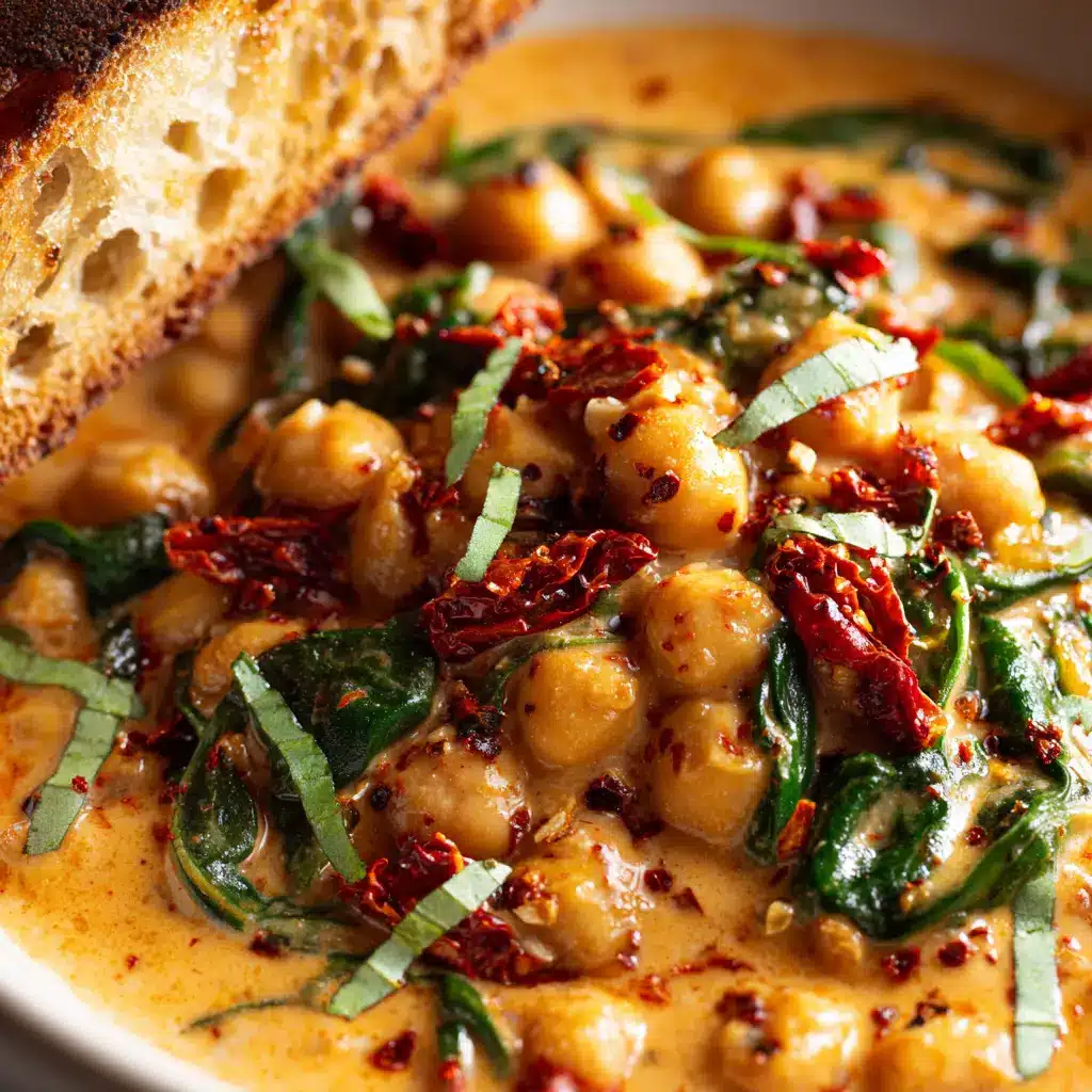 The process of wilting fresh spinach into the creamy chickpea sauce in a pan.