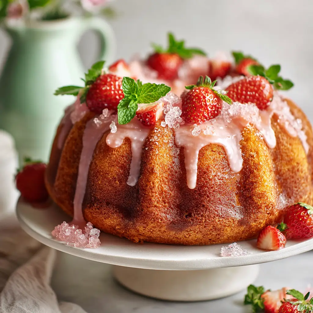 Strawberry Pound Cake (The Only Recipe You'll Ever Need) 1 Thick, fluffy strawberry pound cake batter being mixed in a stand mixer bowl, with chopped fresh strawberries ready to be folded in.