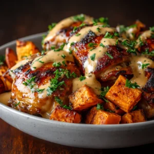A close-up view of a maple dijon chicken bowl, highlighting the texture of the saucy chicken and roasted brussels sprouts.