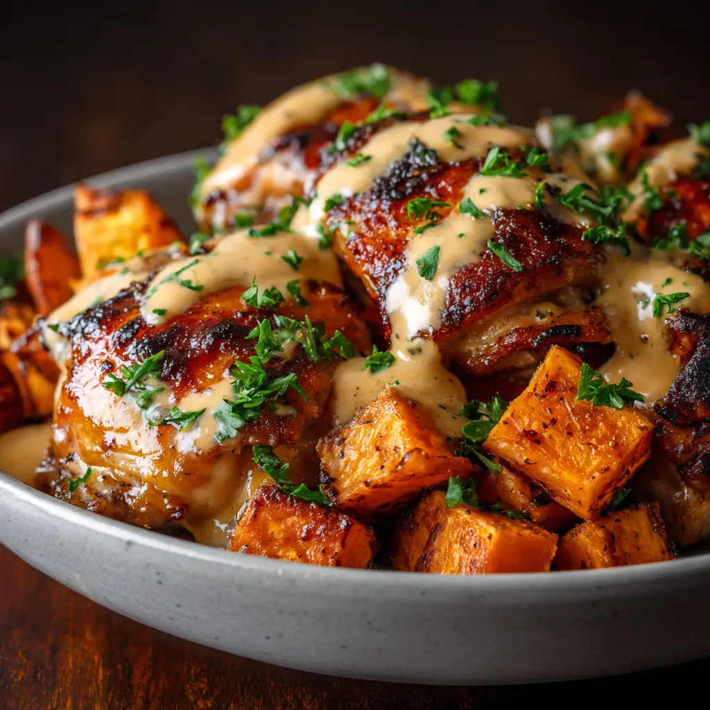 A close-up view of a maple dijon chicken bowl, highlighting the texture of the saucy chicken and roasted brussels sprouts.