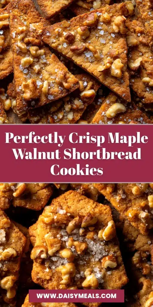 A stack of maple walnut shortbread cookies on a plate, with one broken in half to show the crumbly texture. A small bowl of maple syrup is nearby.