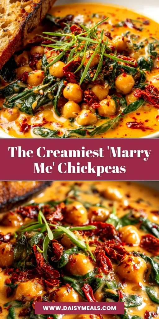 A skillet of creamy Marry Me Chickpeas with sun-dried tomatoes and spinach. The perfect one-pan, 30-minute vegetarian dinner recipe.