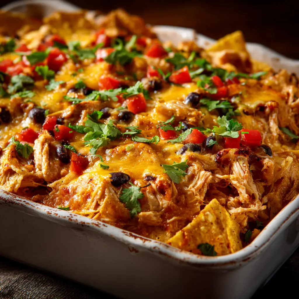 Mexican Chicken Casserole (The Easiest, Cheesiest Recipe!) 1 A slice of Mexican chicken bake on a plate, garnished with fresh cilantro and a lime wedge on the side.