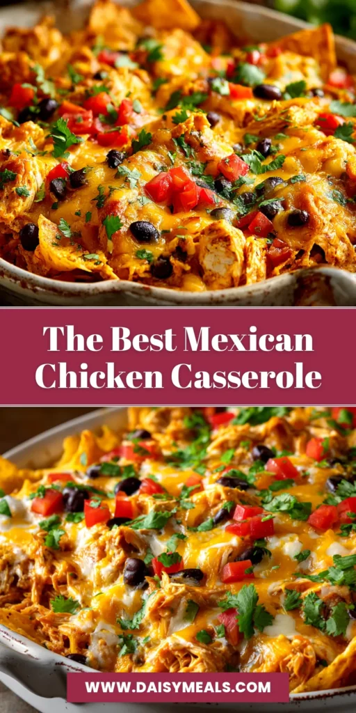 Mexican Chicken Casserole (The Easiest, Cheesiest Recipe!) 4 A top-down view of a freshly baked Mexican chicken casserole in a white baking dish, topped with melted cheese and fresh cilantro. A slice has been taken out, revealing the creamy layers inside.