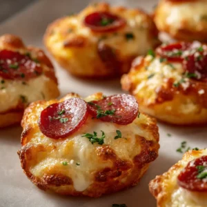 An extreme close-up of a single golden-brown mini pizza bite, showing the flaky crescent roll texture and melted cheese.