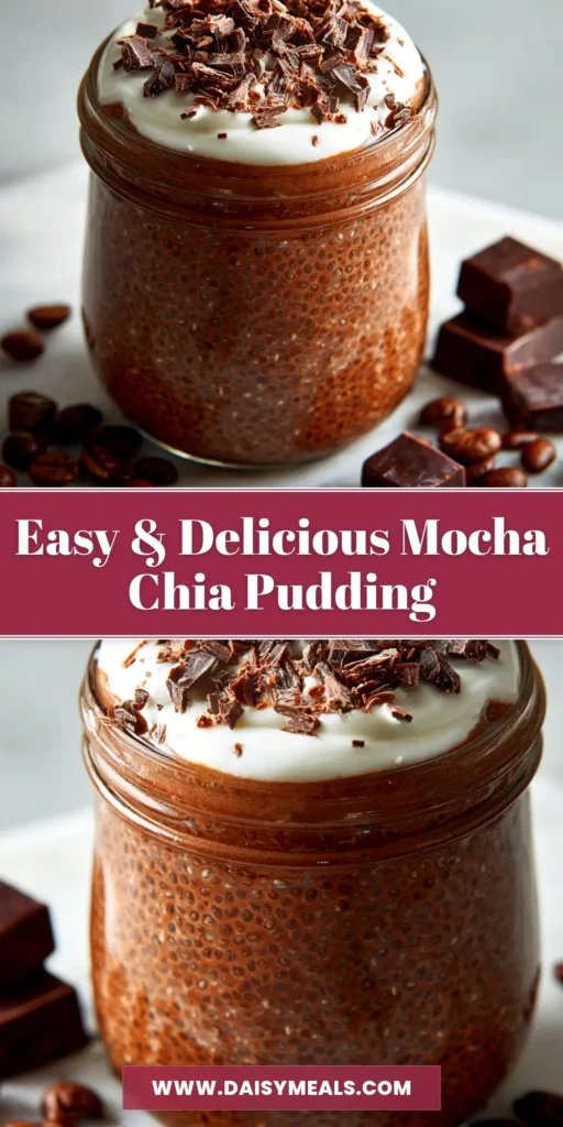 A glass of delicious Mocha Chia Pudding topped with whipped cream and chocolate shavings. This healthy recipe is perfect for a quick breakfast.