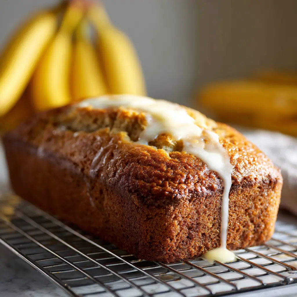A freshly baked loaf of easy banana bread cooling on a wire rack, with a golden-brown crust. The image highlights the perfect texture promised in the recipe.