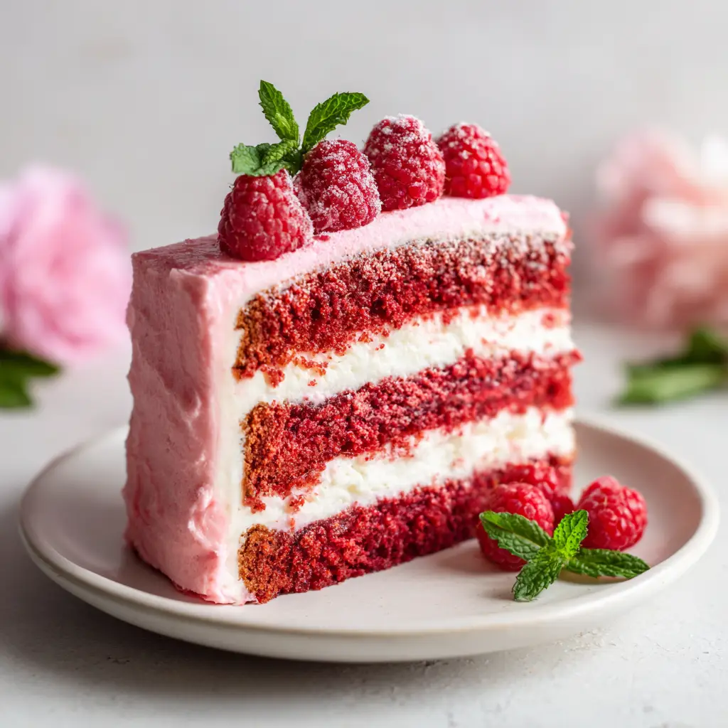A beautiful homemade raspberry cake on a cake stand, decorated with fresh raspberries. The image highlights the moist cake crumb and fluffy raspberry frosting.