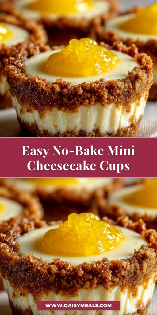 An easy no-bake mini cheesecake recipe perfect for parties. These creamy, individual cheesecake cups have a graham cracker crust and are ready to be topped with fresh berries.