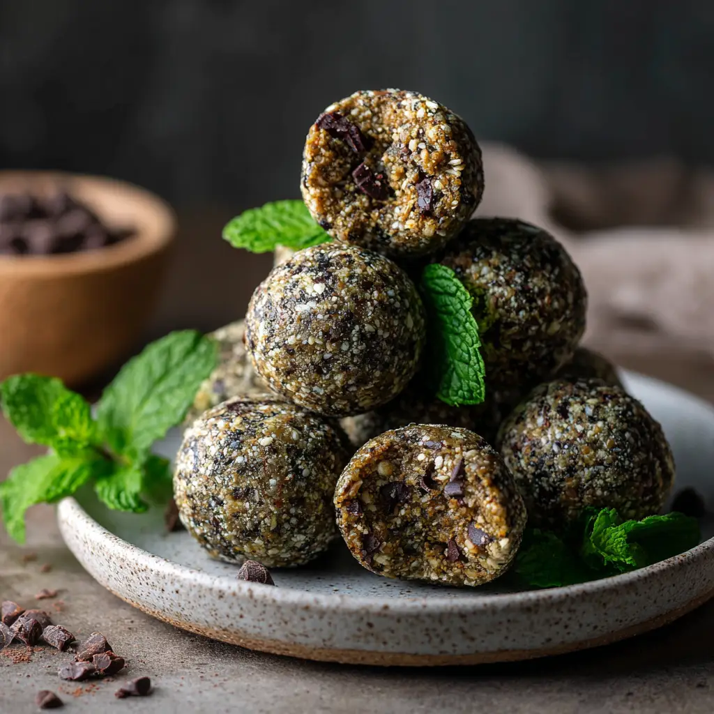 Mint Chocolate Chip Protein Balls (Easy, No-Bake Recipe) 1 A batch of no-bake mint protein balls arranged neatly, illustrating a perfect meal prep snack idea.