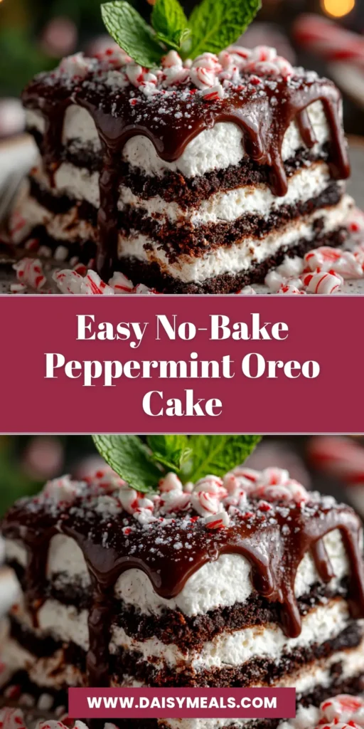 A slice of no-bake peppermint oreo icebox cake on a white plate, showing the distinct layers of Oreo crust, peppermint cream, and chocolate ganache, topped with crushed candy canes.