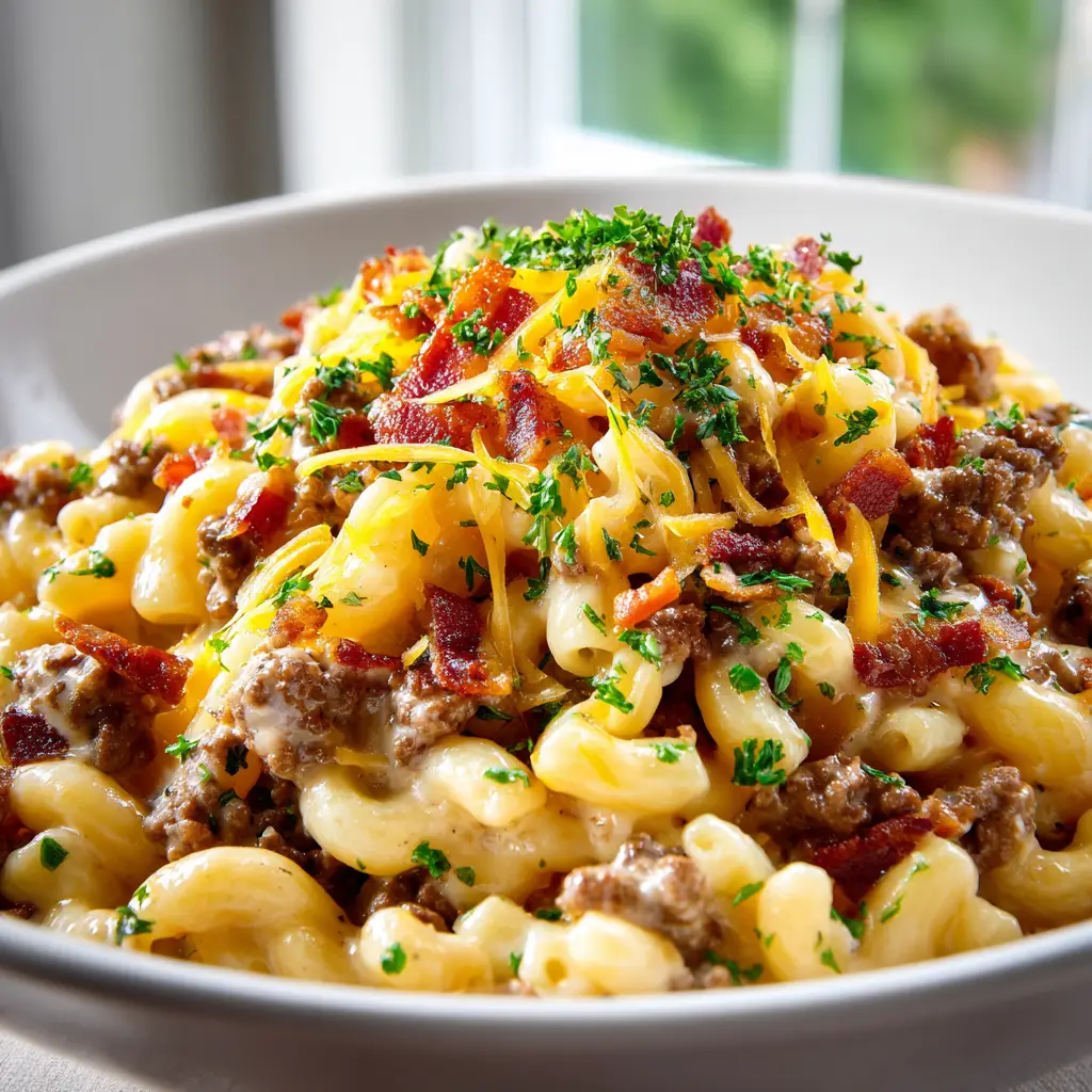 The one-pan bacon cheeseburger pasta simmering in a large skillet, showcasing the ground beef, pasta, and cheesy sauce all cooked together.