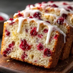 An extreme close-up shot of a slice of moist orange cranberry bread, highlighting the tender crumb and bright red cranberries.