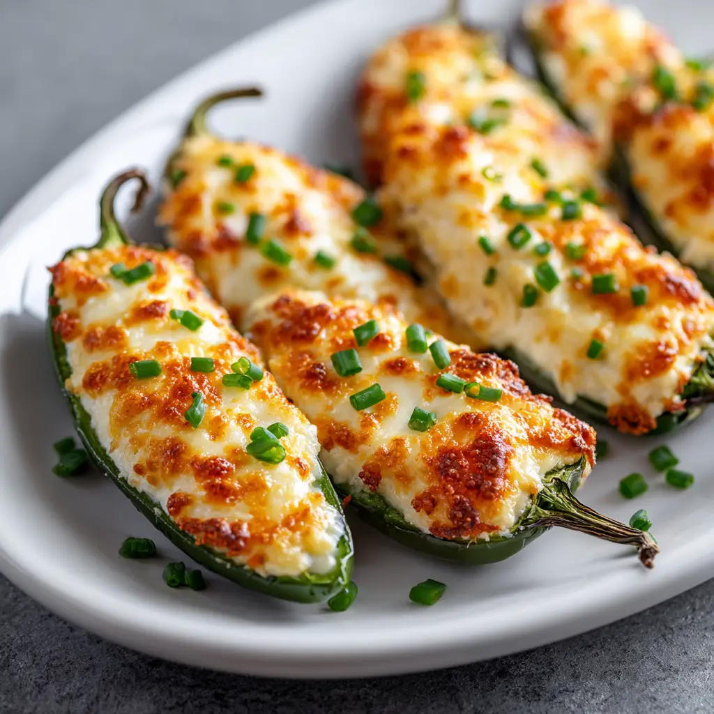 Golden brown oven baked jalapeño poppers on a rustic serving dish. The cheese is perfectly melted and bubbly, and the jalapeños are tender-crisp.