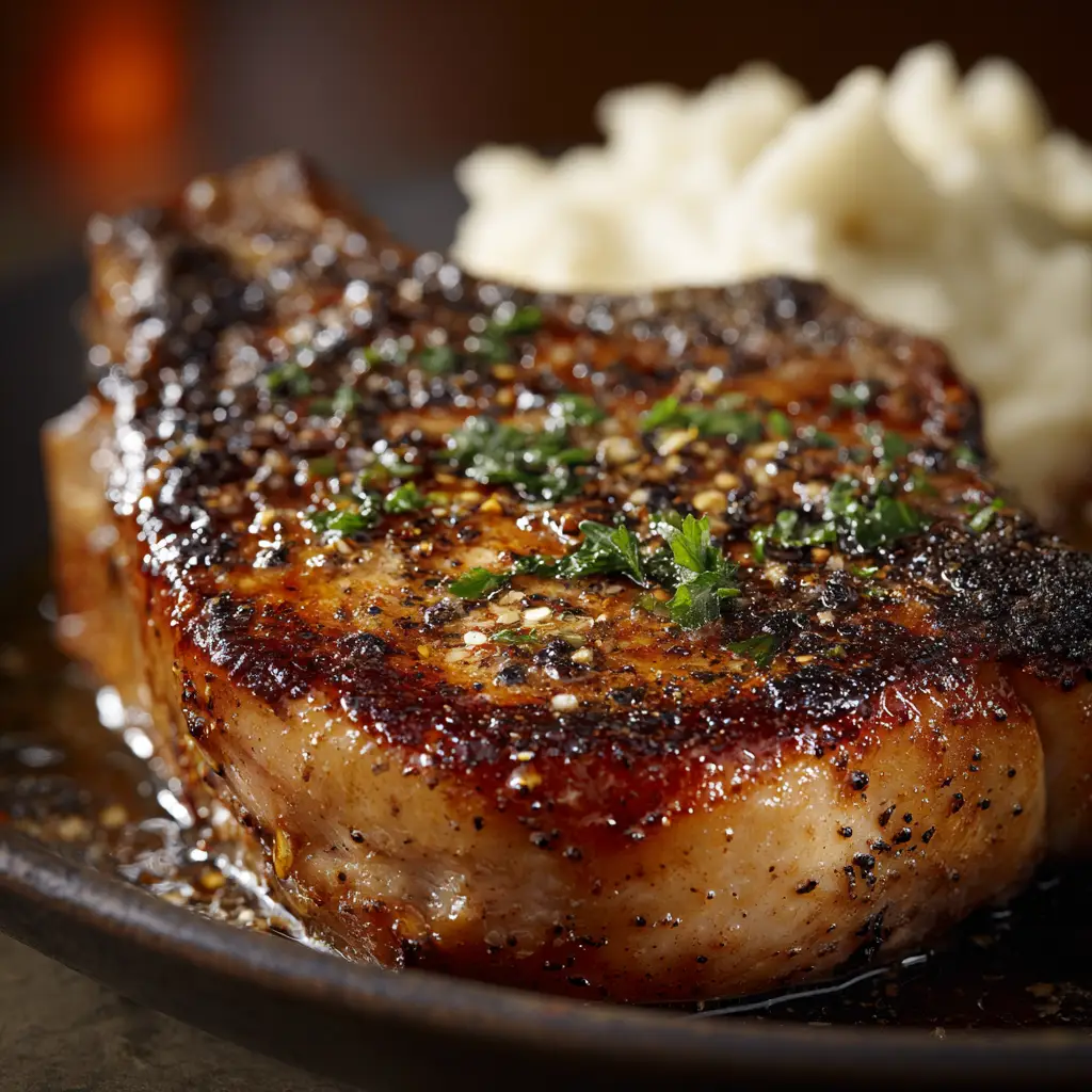 A finished juicy baked pork chop resting on a cutting board, garnished with fresh herbs. The perfect internal temperature ensures a moist result.