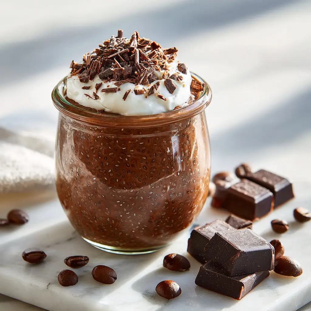 Two jars of overnight mocha chia pudding, highlighting its suitability as a meal prep breakfast idea.