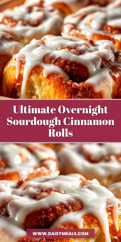 A pan of freshly baked overnight sourdough cinnamon rolls, generously topped with cream cheese frosting, with one roll pulled slightly out to show the gooey center.