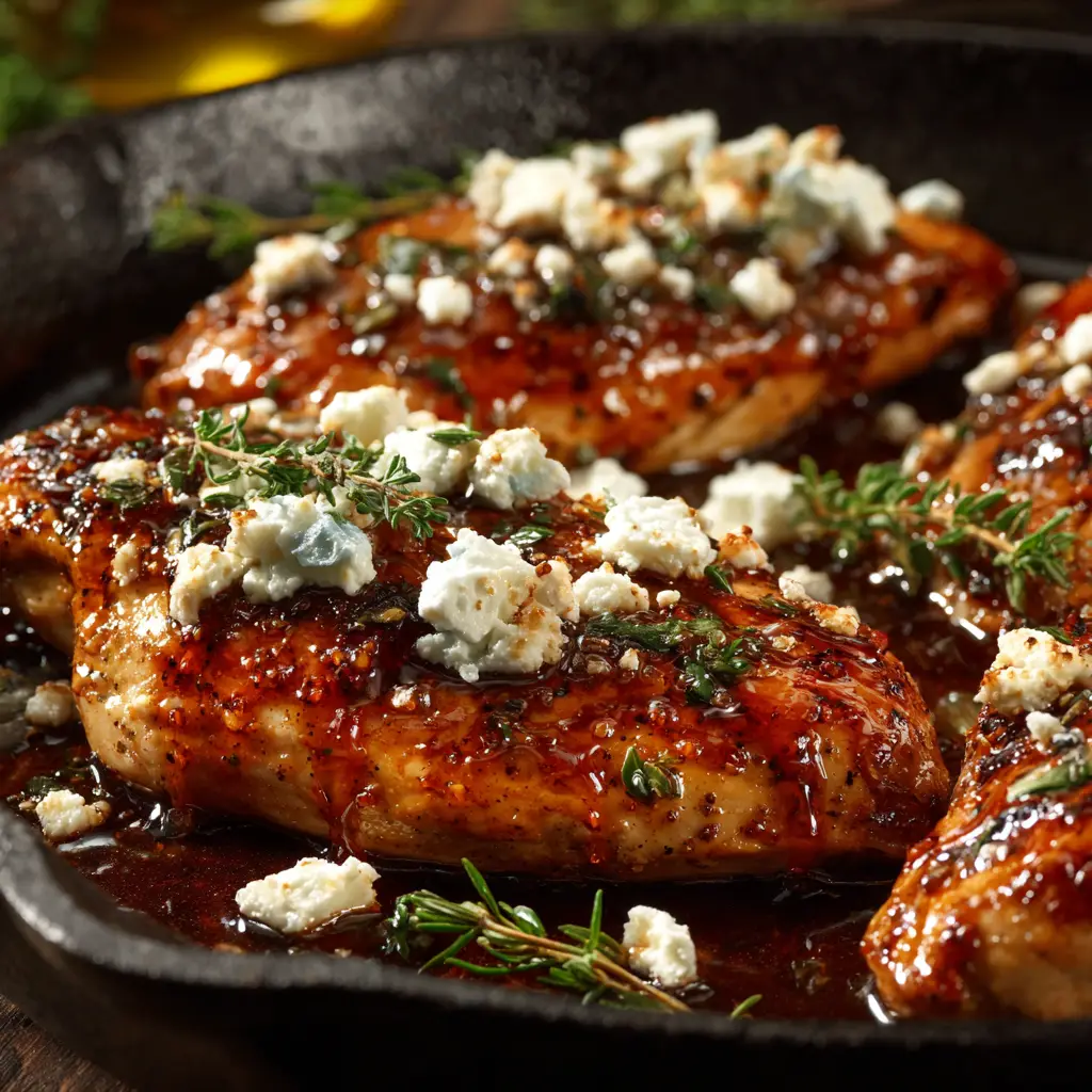 An extreme close-up shot of pan-seared Hot Honey Feta Chicken, showing the juicy texture of the chicken and the glossy sheen of the sweet and spicy sauce.