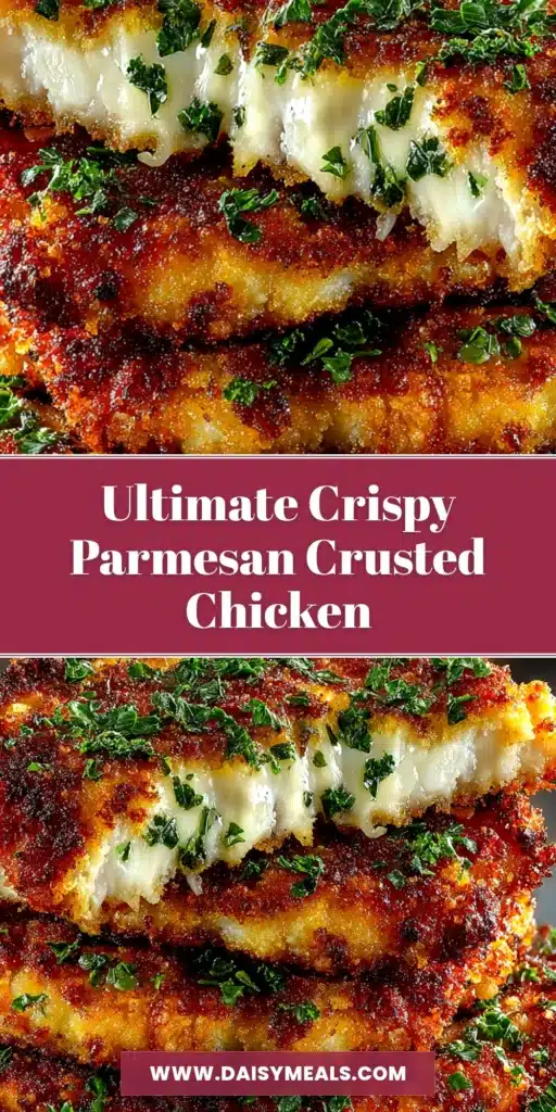 A close-up overhead shot of perfectly golden brown Parmesan Crusted Chicken, sliced to show the juicy interior, served on a white plate with a side of lemon wedges and fresh parsley.