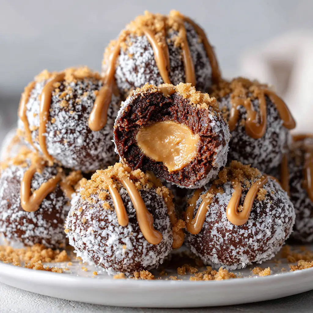 A close-up shot of creamy peanut butter filling being mixed in a bowl for the chocolate peanut butter snowballs.